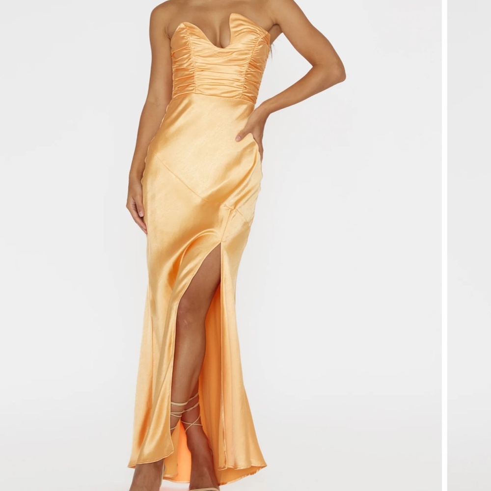 Selfie Leslie Strapless Satin Gown in Peachy Orange